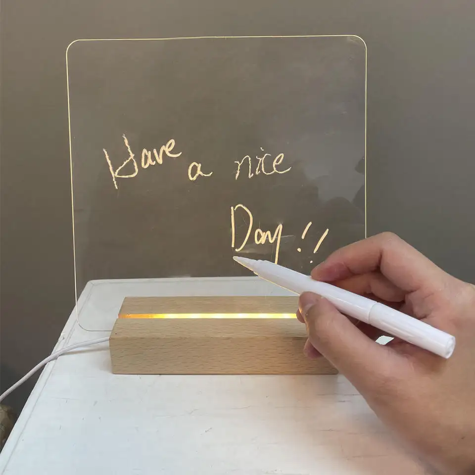 Newish sáng tạo trang trí phòng phát sáng notepad LED 3D Acrylic Máy tính để bàn ánh sáng ban đêm đèn với cơ sở bằng gỗ