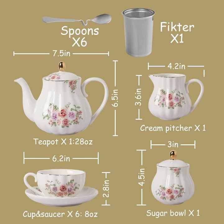 8 OZ Cups and Saucer Service Porcelain Tea Sets with Teapot Sugar Bowl Cream Pitcher Teaspoons and Tea Strainer for Tea Coffee