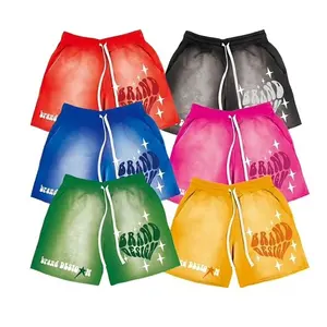 Rainbow Spray Custom Logo Distressed Embroidery Cotton Sweat Shorts Sun Faded Shorts Cut Edge Acid Wash Shorts Men