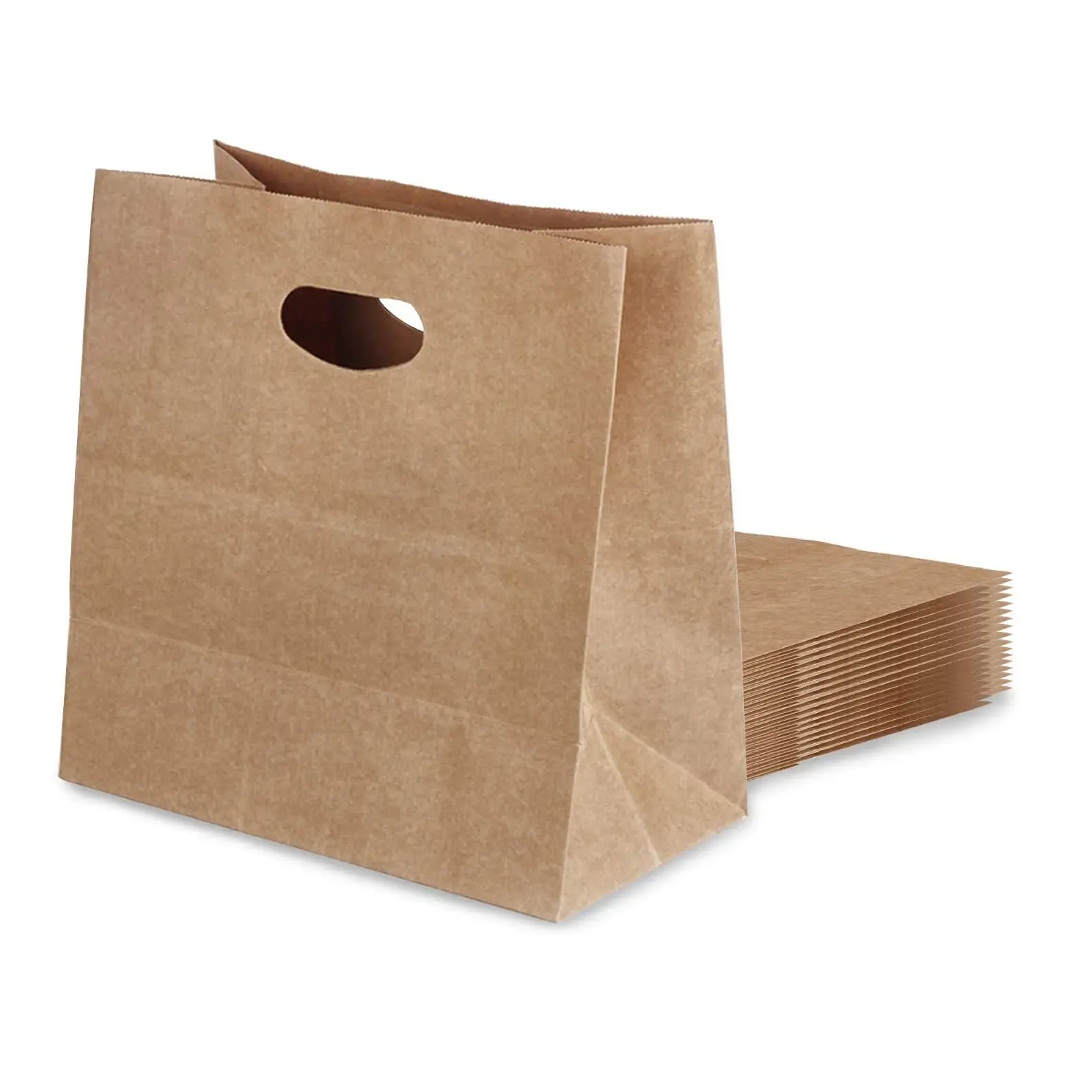 Bolsas de mano de papel Kraft con mango troquelado para llevar, bolsas de comestibles, bolsas de papel de corte D para restaurante, panadería, venta al por menor