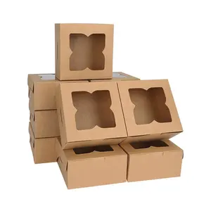 Bakery Pastry or Dessert Food Packaging Paper Boxes with Windows Kraft Square Small Disposable Customize Recyclable Brown Accept