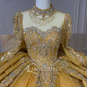 Xs320 Modern Magnificent Gold Holographic Sequin Sweetheart Long Sleeve Crystal Bow <b>Ball</b> <b>Gown</b> Chapel Train Quinceanera Dress - Product Image 6