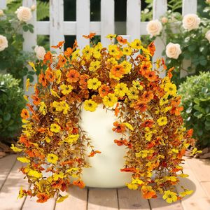 Fleurs artificielles Uxin en soie jaune-orange en pot, pour décoration extérieure, mariage, maison, résistantes à la décoloration - Product Image 1