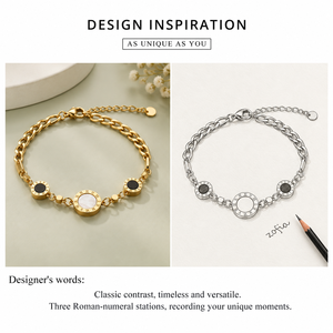 Bracelet en acier inoxydable avec chiffres romains et stations en nacre noire et blanche plaqué or 14 carats - Product Image 2