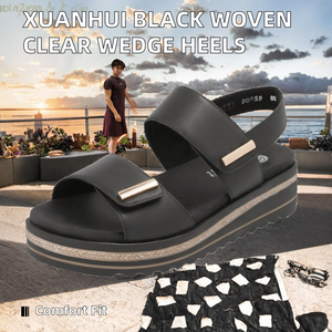 Sandalias de cuña de cuero genuino negro con plataforma, sin cordones, punta abierta y correa con hebilla, tipo mule, para fiesta de verano - Product Image 2