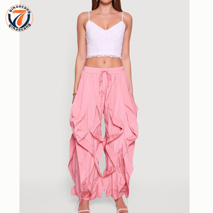 מכנסיים נשיים בהתאמה אישית, עם קפלים, גזרה לא סימטרית, מותן אלסטי עם שרוך, פוליאסטר, גזרה רחבה, נוחים, מכנסיים קז'ואל - Product Image 3