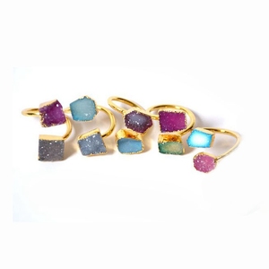 Anelli Druzy da donna gioielli bohémien in agata naturale brillante druusy doppio 2 pietre placcato oro grezza gemma pietra - Product Image 1