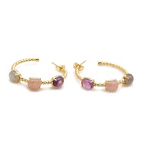 Boucles d'oreilles créoles classiques en améthyste violette, turquoise et pierre de lune, ensemble de bijoux plaqué or, serti à griffes, en laiton, cadeau pour occasions festives