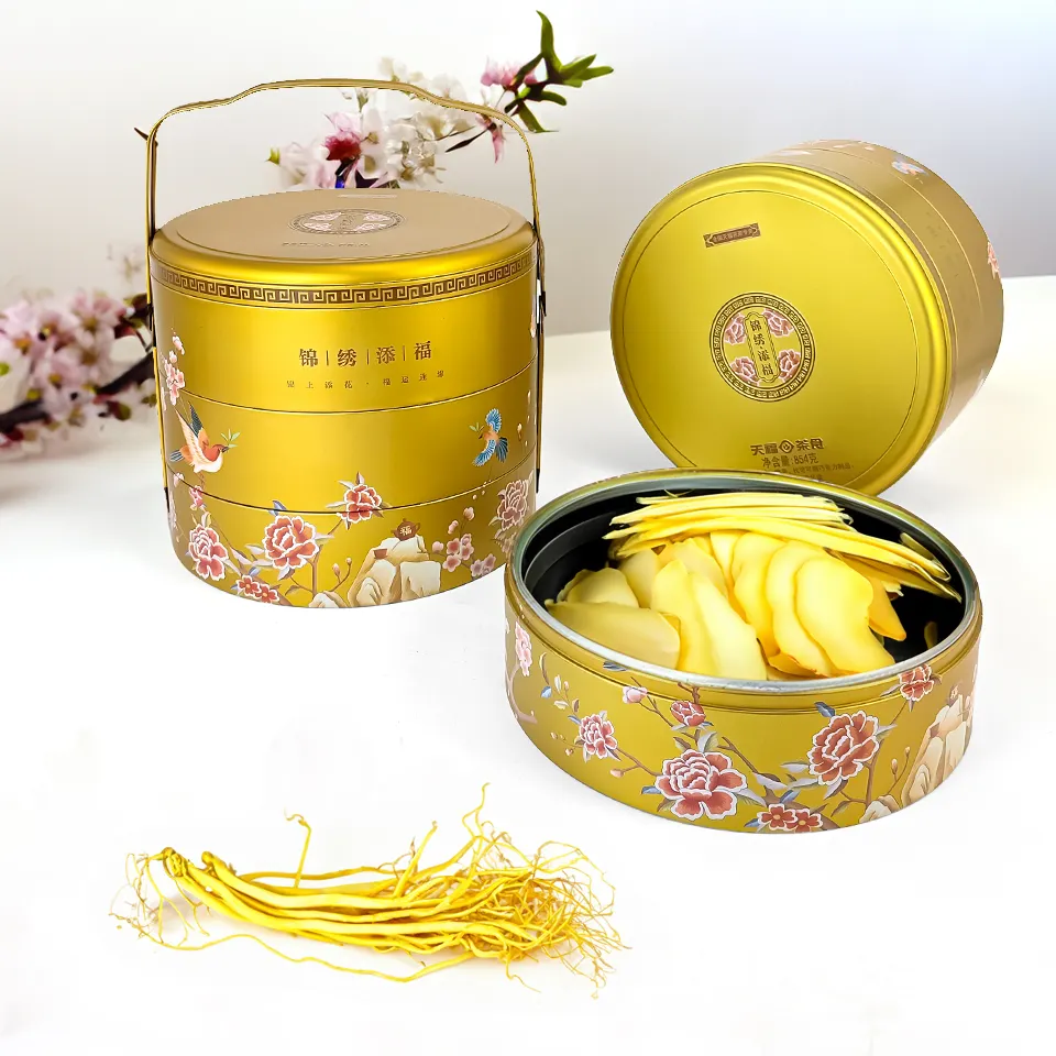 Jinyuanbao luxuriöse geschenkverpackung mit goldgriff lebensmittelbehälter runde zinnabdeckungen aus metall für dessert mondkuchen mit griff