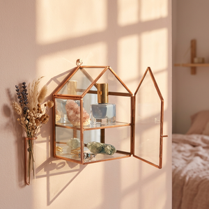 Wholesale Hut Shape Glass Mini Storage Cabinet with Brass Metal Frame for Hanging Decoration - Product Image 1