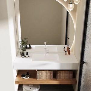 Light luxury <b>white</b> bathroom cabinet smart semi-circular <b>mirror</b> hanging cabinet body <b>white</b> washbasin - Product Image 3