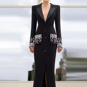 LS2427 Kimshein High Quality Blazer Dress Black Long Coat For Women Luxury Crystal Elegant Maxi Dress