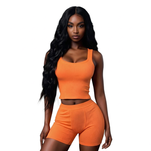 <b>Women</b> Ribbed 2 Piece Tank <b>Top</b> <b>Shorts</b> <b>Set</b> Full Sleeve Sporty Casual Summer Outfit Solid Color Spandex/Nylon Stretch Skinny - Product Image 2