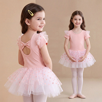 Maillot de Ballet para Niñas Pequeñas con Falda Tutú, Volantes, Manga Corta, Lazo Trasero y Tul de Puntos para Actuaciones de Danza