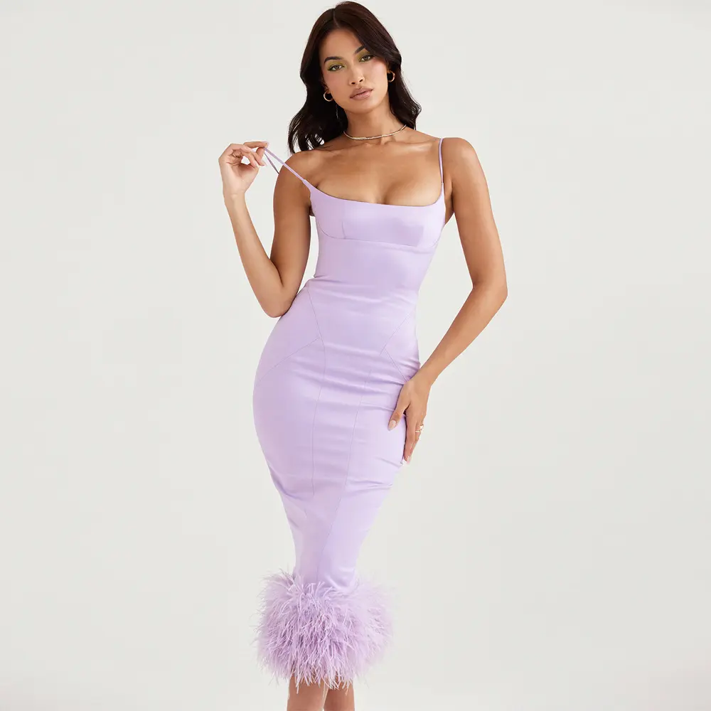 2022 Hot Style Purple Elegant Party Spaghetti Strap Dress Feather Slit Long Sleeveless Summer Womens Evening Sheath Dresses