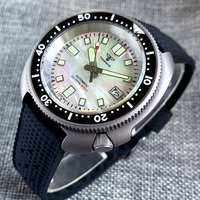 Titane Tortue Montre Automatique Hommes NH35 Movt Plat Saphir 120 clics Lunette Cadran Blanc Lumnous Marqueurs Bande De Caoutchouc MOP Cadran