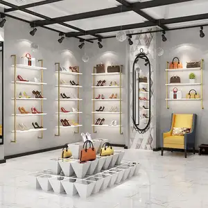 Estante de acero inoxidable de 3/4/5 niveles de Metal + MDF dorado, estante de exhibición para tienda de zapatos de Boutique, montado en la pared, multicapa