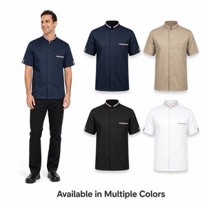 Veste de chef à manches courtes pour homme, bleu marine, col montant, simple boutonnage, uniforme de cuisine pour restaurant, café, hôtel, logo personnalisé - Product Image 2