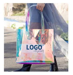 Fashionable Design Custom Logo Beach Bag Neon PVC Shopping Tote Laser Holographic Iridescent Waterproof Clothing Packaging