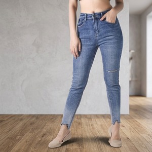 Jean en denim déchiré uni pour femme, coton/élasthanne, détails troués, taille haute vintage, coupe crayon, ajustable, style streetwear - Product Image 3
