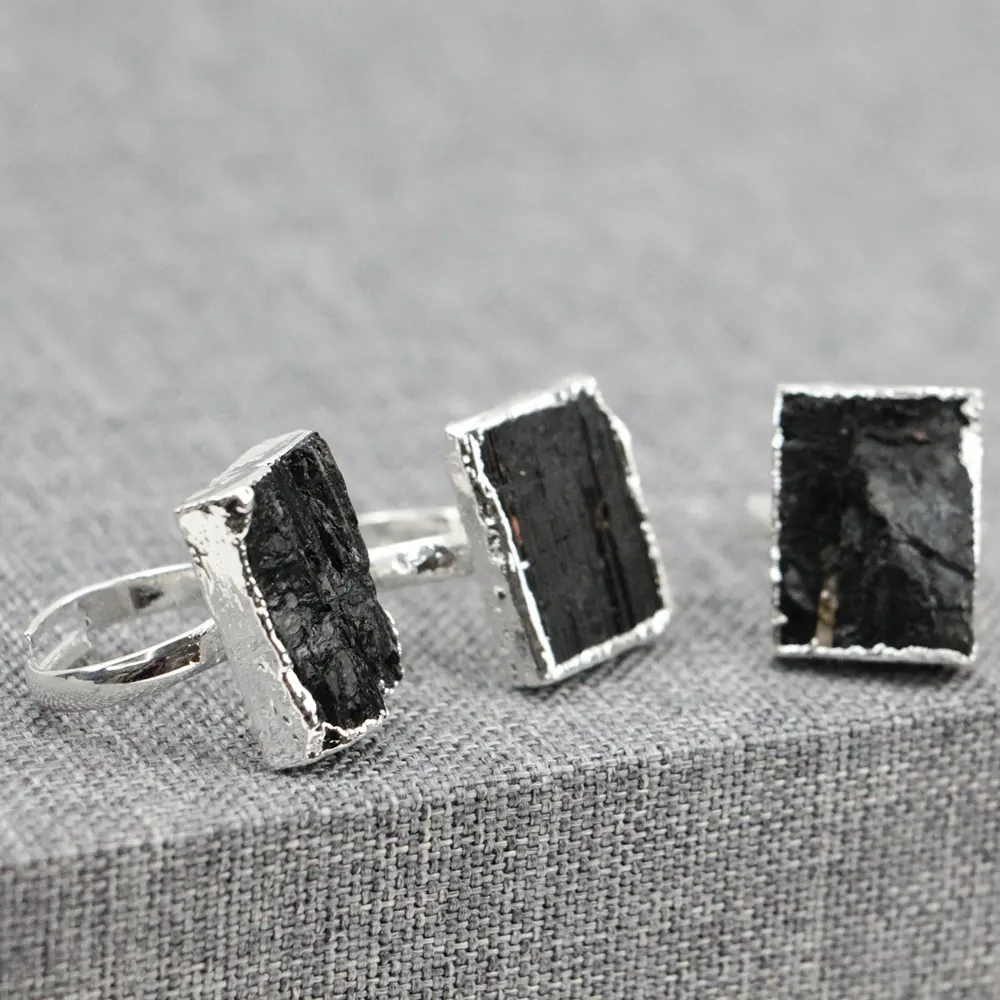 LS-D1244 Wholesale Black Tourmaline Rings Gold & Silver Plated Adjustable Gemstone Rings