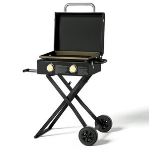 Miire prix usine X jambes Portable pli 2 brûleurs gaz de table <span class=keywords><strong>Plancha</strong></span> plaque chauffante Barbecue barbecue avec roues <span class=keywords><strong>couvercle</strong></span> <span class=keywords><strong>pour</strong></span> jardin - Product Image 1