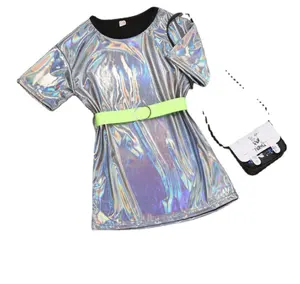2023 Новое Стильное модное цельное платье для девочек с флуоресцентным поясом, детская юбка для девочек, детское Серебряное платье