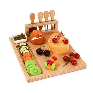 Wholesale Bamboo Cheese Board with 4 Stainless Steel Knife and Serving Utensils Blank Wooden Cheese Cutting Board Set