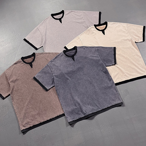 เสื้อยืด2ชิ้นสไตล์สตรีทแวร์แนววินเทจแบบใหม่250GSM คัลเลอร์บล็อกสีขี้ผึ้งย้อมสีผ้าฝ้ายซักหลวม - Product Image 2