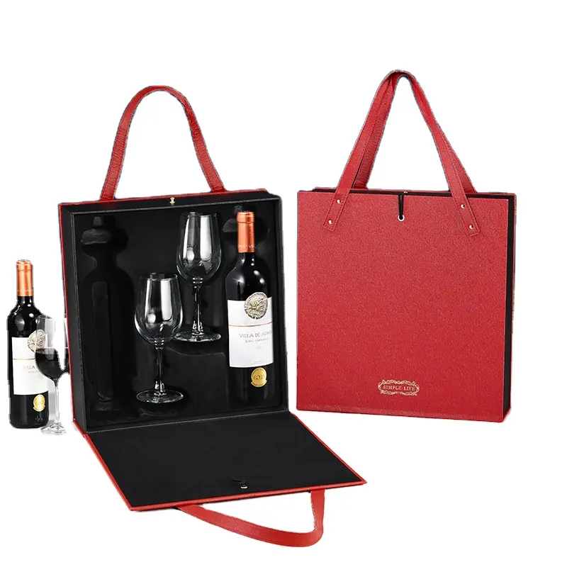 Toptan moda şarap kutusu iki gözlük ambalaj kutuları özel Logo yüksek dereceli deri ambalaj karton kutu