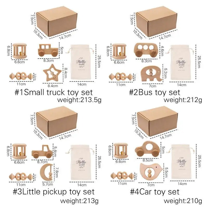 4 PCS Wooden Baby Toys Montessori Wood Push Car Infant Rattle Sensory Development Set Baby Toys Educational