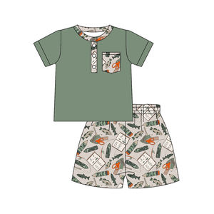 BSSO1881 Ensemble de vêtements pour bébé garçon, motif poisson vert, crayon, tenue d'été, vente en gros - Product Image 1