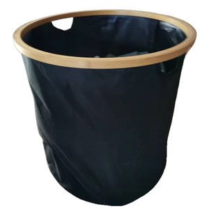 <b>Foldable</b> Waterproof Wooden Laundry <b>Basket</b> Black Round Standing Type For Bathroom Clothing Storage Organizer - Product Image 5