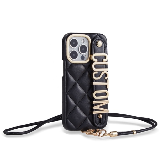 Luxury Design Leather Phone Case with Diamonds Customized Name Letter Mobile Phone Cases with Wrist Strap for iPhone 16 Pro Max