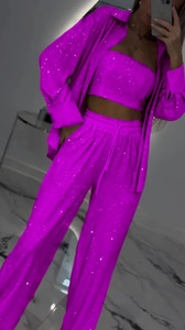 Manifattura stile personalizzato o Logo ODM Set tre pezzi da donna completo abito con <span class=keywords><strong>paillettes</strong></span> pantaloni larghi abiti con cinturino Casual da donna - Product Image 6