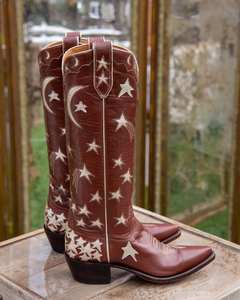 รองเท้าบูทคาวบอยปักลายดาวพระจันทร์สำหรับเด็กผู้หญิงรองเท้า2024รองเท้าบูทส้นสูงเข่าตะวันตกส้นหนารองเท้าผู้หญิง - Product Image 2