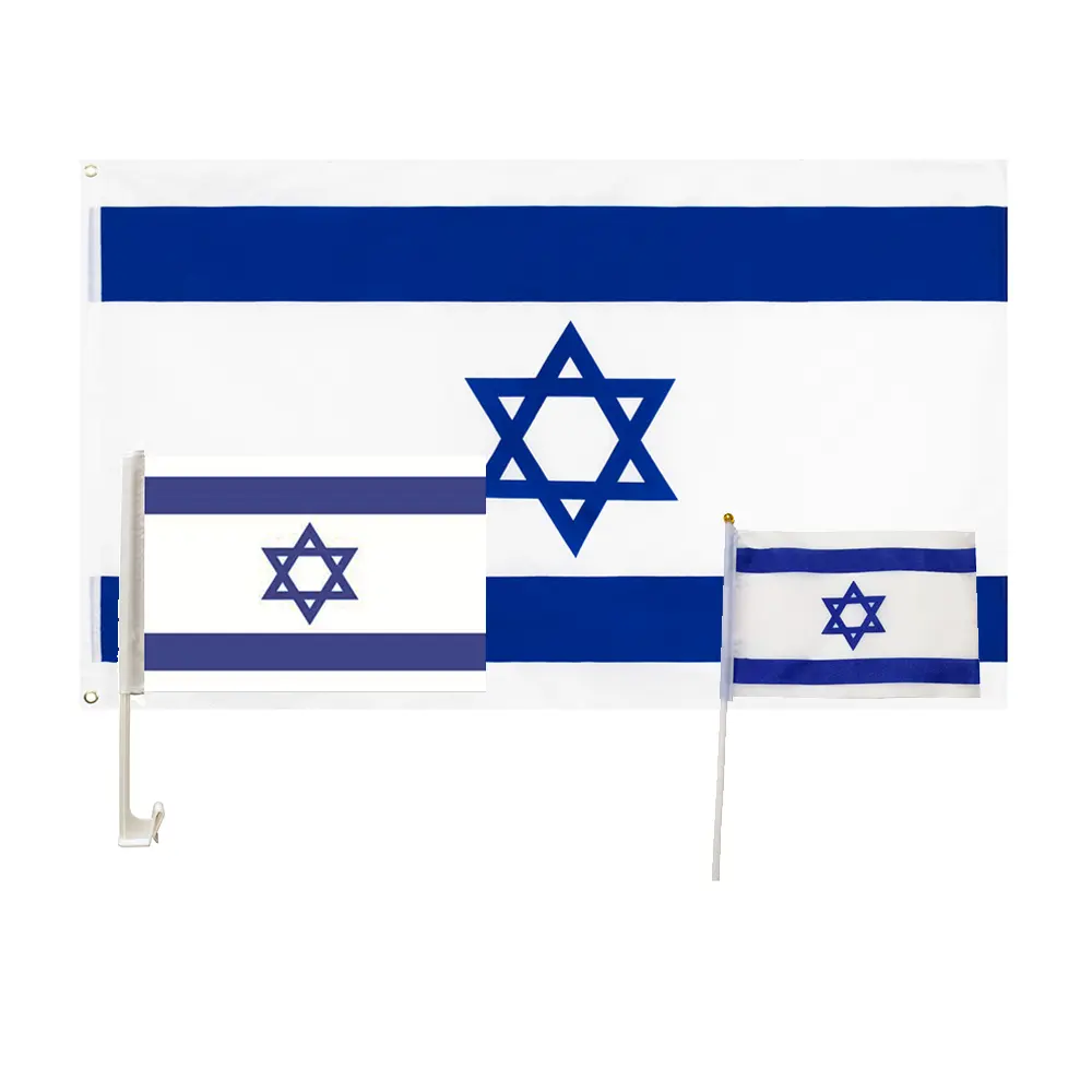 Venta al por mayor 3x5 90X150CM 14x21cm 30x40cm poliéster país nacional israelí azul blanco mano pequeña bandera 5 estrellas Israel coche bandera