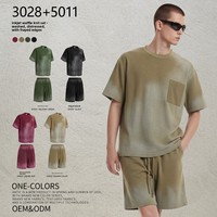 ARTIE Vêtements en coton grande taille pour hommes et femmes |   Ensemble T-shirt et pantalon en tissu gaufré imprimé 325g, effet vintage délavé, bords bruts