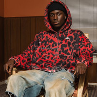 Sudadera con capucha y cremallera para hombre con estampado de leopardo rojo, estilo urbano oversize, patrón animal, ropa personalizada, proveedor mayorista de marca privada