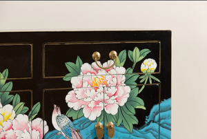 Buffet d'entrée en bois massif peint à la main, motif pivoine et phénix, avec quincaillerie en laiton vieilli, symbole de prospérité et de richesse - Product Image 6