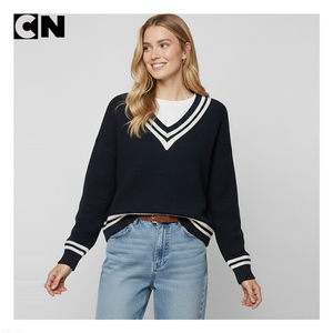 BSCI Certificación Suéter Fábrica Diseño personalizado logo Mujeres Algodón Lana cuello en V Varsity Jumper Suéter con hombro caído Casual - Product Image 2