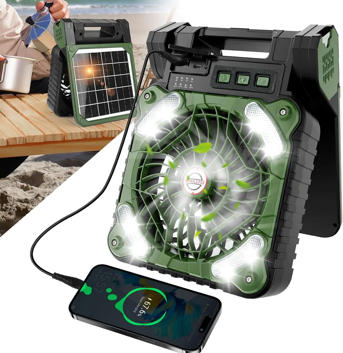 Tres configuraciones de brillo Cargador USB plegable Ventilador portátil para acampar Energía solar Ventilador portátil para acampar al aire libre