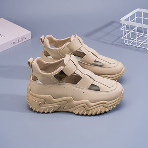 Chunky Shoes Women Breathable Hollow Open Toe <b>Velcro</b> <b>Strap</b> Thick Sole Casual Dad Shoes Khaki YDZ431 - Product Image 3