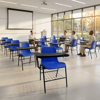 Chaise de classe commerciale moderne et durable avec grand tablette d'écriture, porte-gobelet et panier à livres fixe en PP