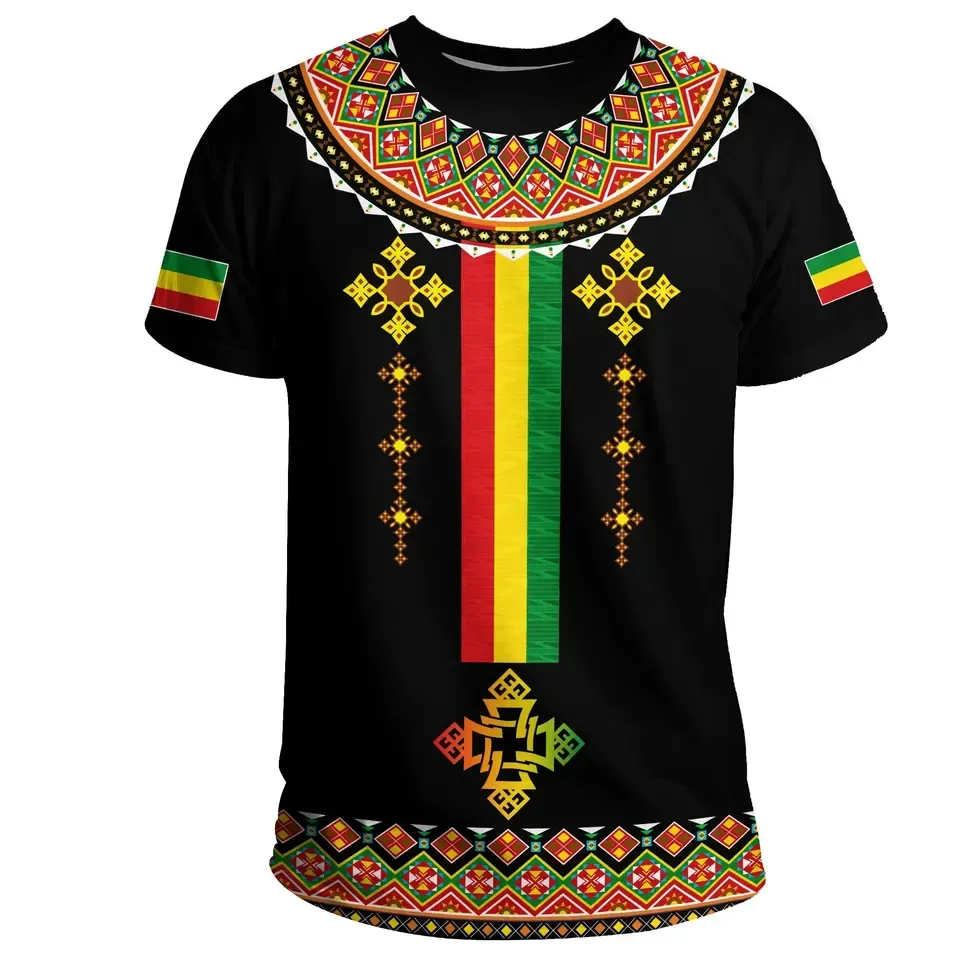 Personnalisé Éthiopie Éthiopien Traditionnel Habesha Moderne Croix Conception T-shirt Pour Hommes Polyester Vêtements En Gros Logo Personnalisé Texte