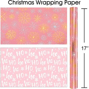 MAYPLUSS Pink Christmas <b>Wrapping</b> <b>Paper</b> Roll 17in X 33ft Gold White Snowflake Anti Curl Gift Craft Packaging - Product Image 4