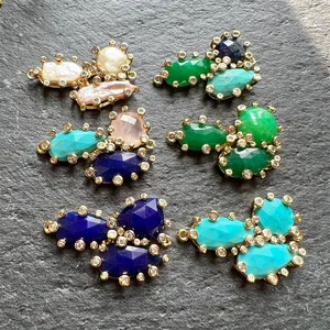 wholesale gold plated pave zircon natural gemstone connector green jade turquoise lapis pearl pendant necklace bracelet jewelry