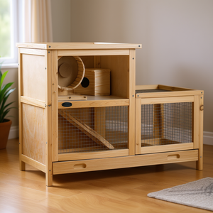 Cage à hamster en bois naturel à 2 niveaux avec plateau coulissant, échelle et roue de course, petits logements pour animaux de compagnie - Product Image 2