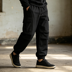 <span class=keywords><strong>กางเกง</strong></span>คาร์โก้ผู้<span class=keywords><strong>ชาย</strong></span> สีดำล้วน เอวยางยืดพร้อมเชือกผูก กระเป๋าแบบฝาปิดขนาดใหญ่ ขา<span class=keywords><strong>กางเกง</strong></span>แบบยางยืด ทร<span class=keywords><strong>ง</strong></span>หลวม สไตล์สตรีทแวร์ - Product Image 3