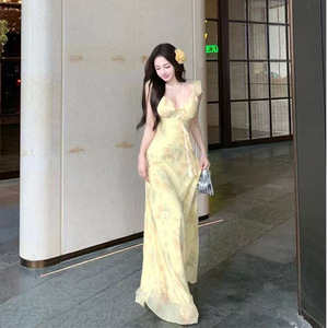 Yellow Floral Print Sundress Sweetheart Neck Long Dress Tight Waist Slimming Holiday Celebration Leisure Wear - Product Image 5